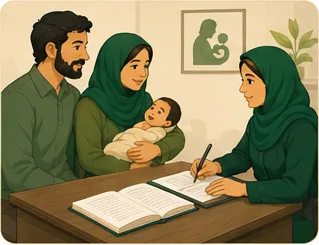 خاندان بچے کی پیدائش کا اندراج کروا رہا ہے