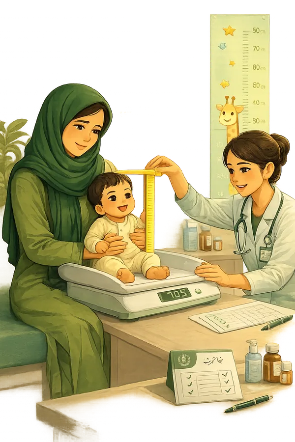 کلینک میں بچے کا وزن اور قد ناپا جا رہا ہے