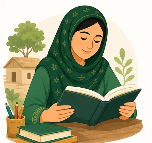 خاتون گھر میں کتاب پڑھ کر سیکھ رہی ہے