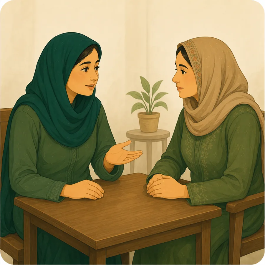 دو خواتین آمنے سامنے بیٹھ کر بات سن اور سمجھ رہی ہیں