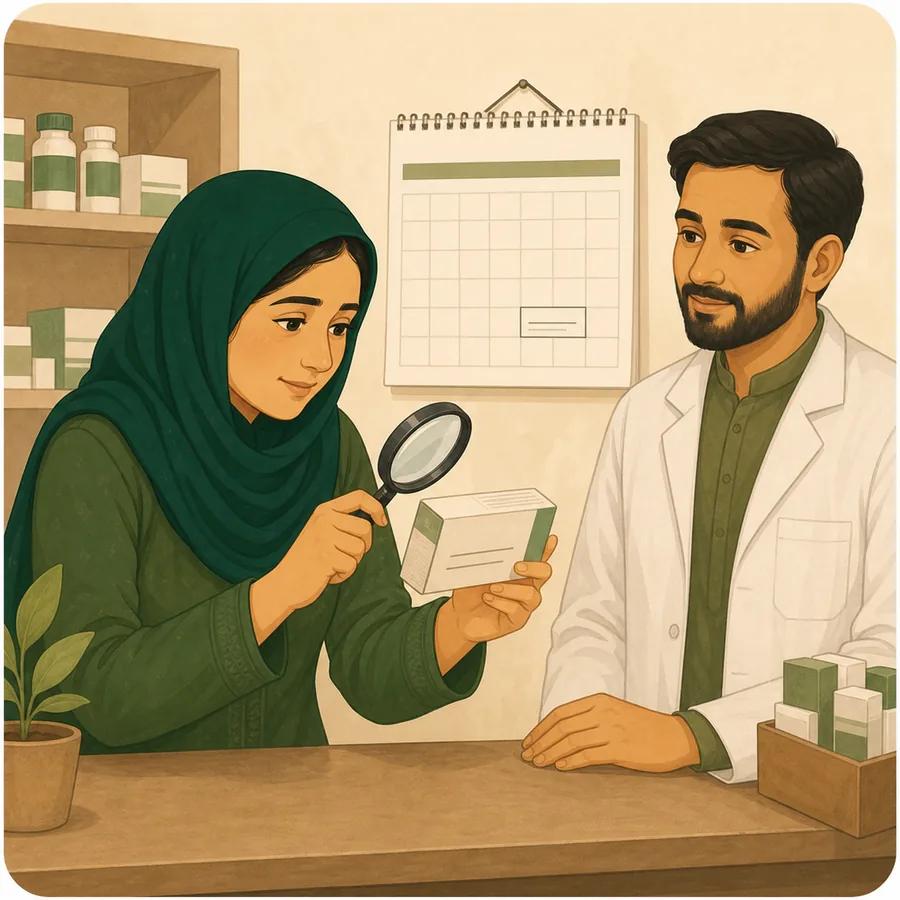 خاتون دوا کا ڈبہ غور سے دیکھ کر معلومات کی تصدیق کر رہی ہے
