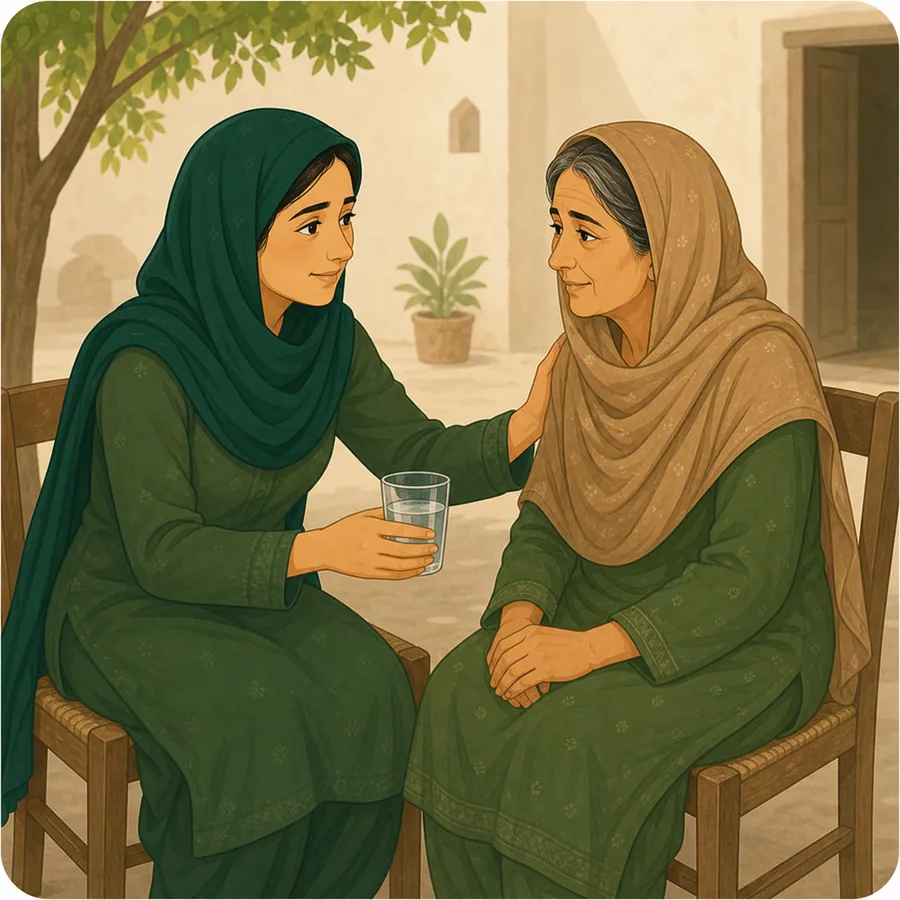 خاتون بڑی عمر کی عورت کو پانی دے کر دلاسہ دے رہی ہے
