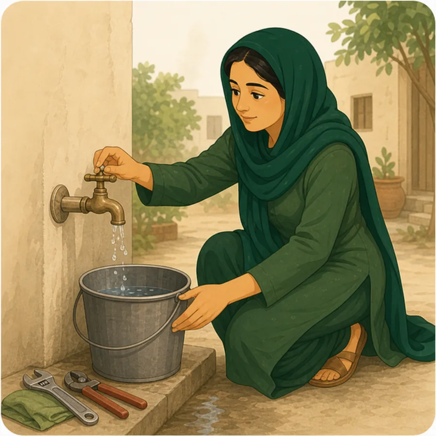 خاتون نل بند کر کے پانی ضائع ہونے کا مسئلہ حل کر رہی ہے