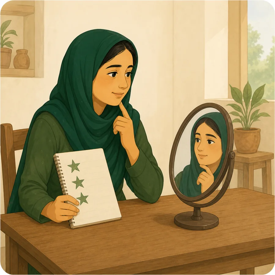 خاتون آئینے میں دیکھ کر اپنی خوبیوں پر غور کر رہی ہے